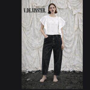 V.DE.VINSTER White Eyelet 100 Cotton Butterfly Sleeve Blouse Boho Keyhole Top